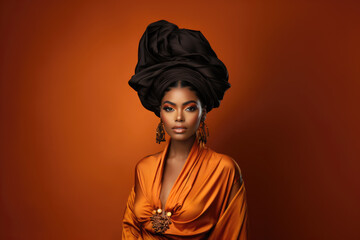 Young beauty stylish african american woman in a turban on orange background, closeup portrait of black fashion girl with beautiful makeup and hairstyle