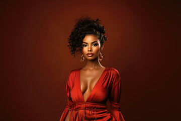 Young beauty stylish african american woman in a red dress with a deep neckline on vinous background, portrait of black fashion sexy model with beautiful makeup and hairstyle - 648160149
