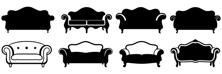 Couch sofa furniture silhouettes set, large pack of vector silhouette design, isolated white background