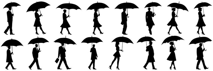 People with umbrella, rain silhouettes set, large pack of vector silhouette design, isolated white background