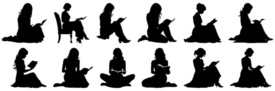 Woman Reading Book Silhouettes Set, Large Pack Of Vector Silhouette Design, Isolated White Background