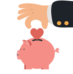 Hand putting coin in Piggy bank with heart