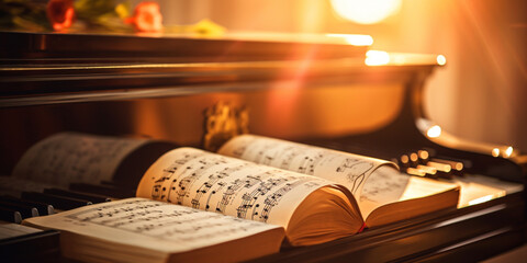 Close up of an elegant grand piano with warm sunlight, luxury, romantic scenery, music instrument