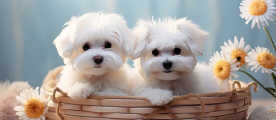 Two cute Bichon Frise dogs with fashionable haircuts posing indoors in a cozy pet basket
