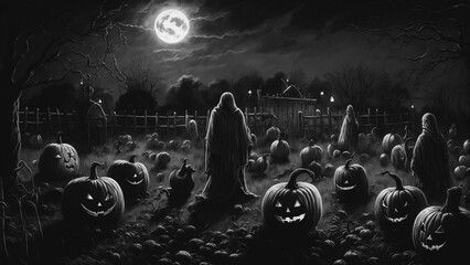 Spooky halloween ghosts in a pumpkin patch at a graveyard on a dark fall night lit by the moon oil painting style