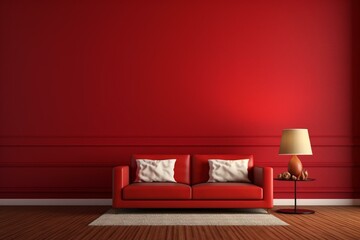 A rendered image of a red living room with a sofa, table, lamp, and space for text. Generative AI