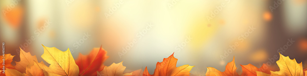 Wall mural horizontal banner with autumn leaves at the bottom and space for text in the center.. for any autumn