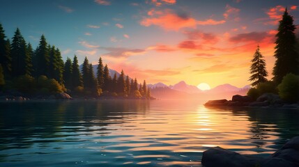 a serene desktop wallpaper featuring a calm and clear lake surrounded by lush green trees and distant mountains. The sky should have a gentle gradient from a soft blue at the top to a warm orange near - Powered by Adobe