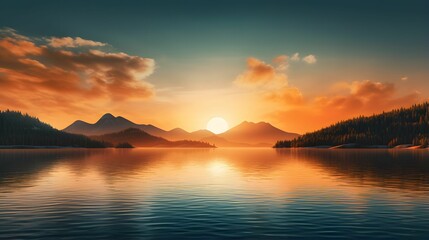 a serene desktop wallpaper featuring a calm and clear lake surrounded by lush green trees and distant mountains. The sky should have a gentle gradient from a soft blue at the top to a warm orange near