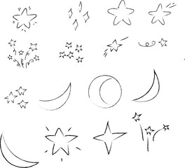 Set hand drawn  pencil stars and the moon. Doodle stars and the moon . Texture design elements of scribble stars and the moon. Charcoal hand drawn stars and the moon