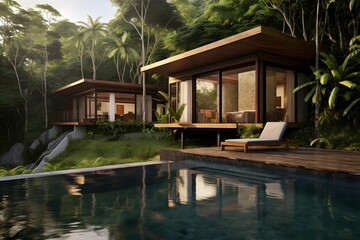 Fototapeta na wymiar A simple new home in jungle with swimming pool