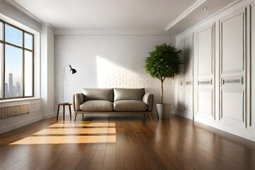 Empty room interior background, beige wall,  with plant, wooden flooring.