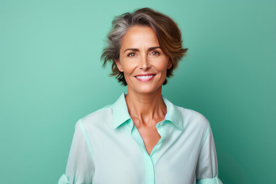 Elegant Middle-Aged Woman in a Vibrant Shirt