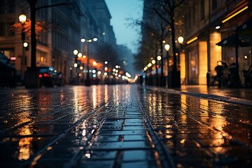 a city street with a wet sidewalk and buildings at night, lights reflecting off the wet pavement, rain on the ground, blurry background of buildings. Generative AI - obrazy, fototapety, plakaty