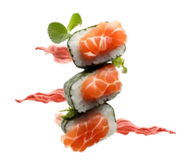 Deurstickers Flying and levitating Sushi, isolated on a white background, Asian food concept, realistic design illustration, generative ai © rvlsoft