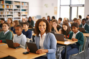 Fototapeta na wymiar Female Teacher Leading Virtual High School Class