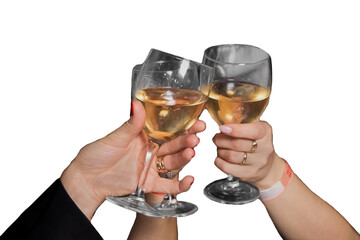 Two girls clinking glasses with an alcoholic beverage, white wine, holiday atmosphere, rest on a white isolated background, close-up