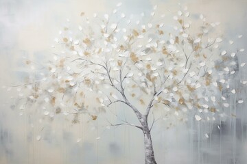 A metallic tree with delicate white leaves against a soft gray backdrop, accompanied by a poetic verse. Generative AI - obrazy, fototapety, plakaty