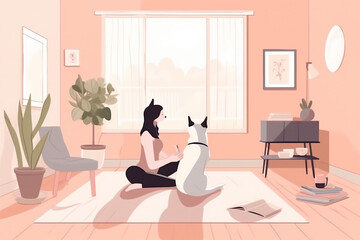 woman dog body sport cat training lifestyle yoga fitness cartoon home. Generative AI.