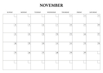 Monthly calendar dated November 2024 year. Vector illustration