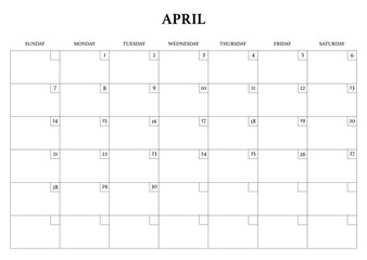 PrintMonthly calendar dated April 2024 year. Vector illustration
