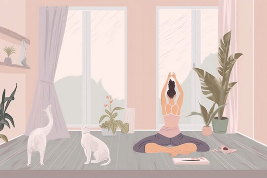 dog lifestyle woman sport home training cartoon body fitness yoga person. Generative AI.