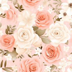 Seamless Floral Pattern with Ivory and Peach Rose Flowers