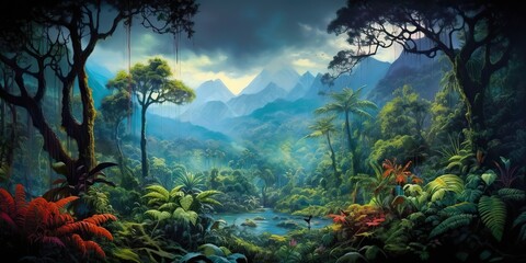 Obrazy na Plexi  AI Generated. AI Generative. Exotic tropical rainforest jungle forest green fresh landscape. Asia adventure explore tour. Graphic Art