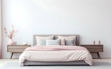 Interior design of modern elegant bedroom in pastel colors