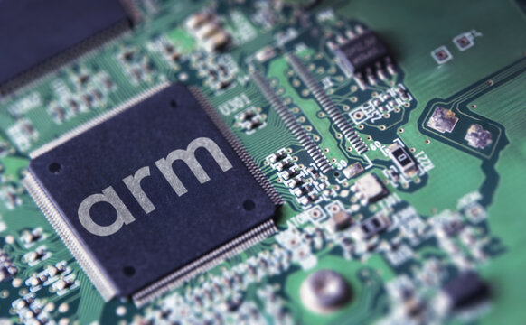 Computer circuit board. Close-up of ARM chip.