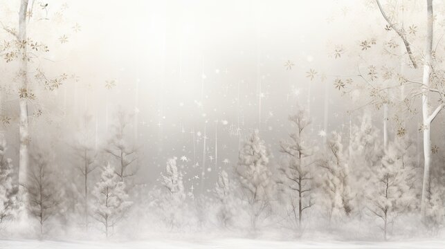  a painting of a snowy forest with trees and snow flakes.  generative ai