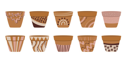Collection of empty terracotta flower pots for home planting. Ceramic pot decorated with hand-painted Memphis style.