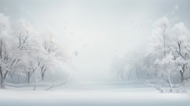  a painting of a snowy landscape with trees in the foreground.  generative ai