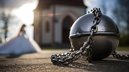 Ball and chain concept with church and bride in background - obrazy, fototapety, plakaty