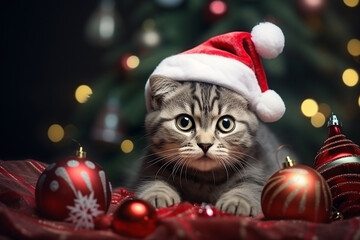 A frightened gray-white striped cat in a red cap against the background of a Christmas tree, guarding gifts, saw Santa Claus