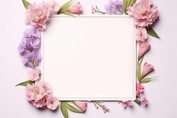 Obraz na płótnie Canvas Blank paper card mockup with frame made of flowers Eustoma, lisianthus. Festive floral composition with copy space on a pink pastel background.