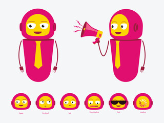 A cute pink robot character can be used for the animation with multiple expressions, and isolated vector illustrations in cartoon style.