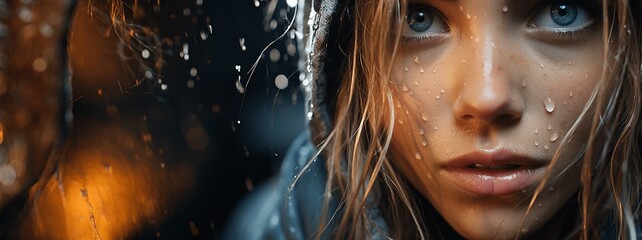 Portrait of a young girl with clear eyes and wet face. - obrazy, fototapety, plakaty