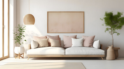Fototapeta na wymiar Rustic interior design of modern living room with beige fabric sofa and cushions. White wall with frame and space for text.