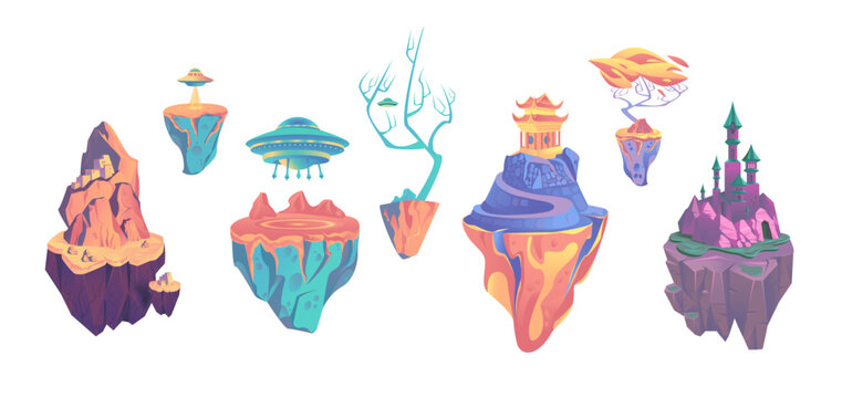 Fantasy cartoon  floating islands. Magic fairytale castle, UFOs, Buddhist monastery in orange and blue scuds, mysterious trees,  
bright, rocky landscape, Summer and autumn in imagination dream