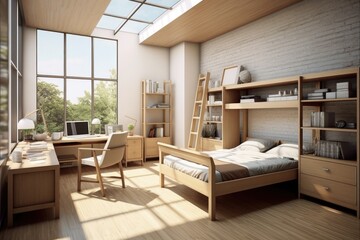 Modern Comfort: A Fresh Take on Home Interiors in a Basic Dorm Room for Single Living - obrazy, fototapety, plakaty