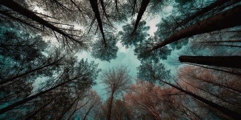 AI Generated. AI Generative. Nature wild outdoor forest trees looking up view with sunny ray. Adventure travel trekking inspiration. Looking high at high oak trees.