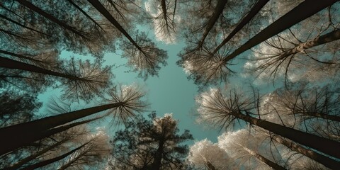 Fototapeta premium AI Generated. AI Generative. Nature wild outdoor forest trees looking up view with sunny ray. Adventure travel trekking inspiration. Graphic Art