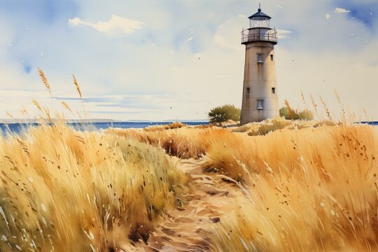 Watercolor painting of a lighthouse in a wheat field against a sea backdrop. Generative AI