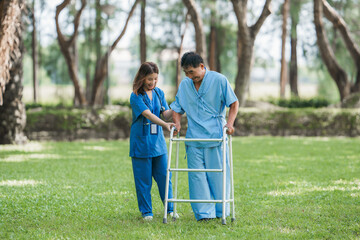 Naklejka na ściany i meble Physical therapy, knee care, elderly care Doctors examine patients, care for the elderly, do physical. Learn to walk in the garden Physical therapist helping elderly patient do physical therapy