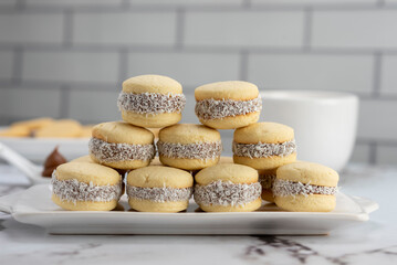 Homemade cornstarch alfajores filled with dulce de leche with coconut and cup of tea on plates and white background