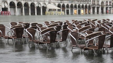 High tide in Venice Island in Italy chairs of the outdoor cafe in Saint Mark square