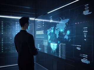 Businessman works with financial data. Futuristic interface above computer. Interactive financial diagrams and digital data visualization concept. Global e-business network communication