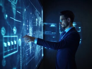 Businessman works with financial data. Futuristic interface above computer. Interactive financial diagrams and digital data visualization concept. Global e-business network communication