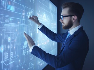 Businessman works with financial data. Futuristic interface above computer. Interactive financial diagrams and digital data visualization concept. Global e-business network communication